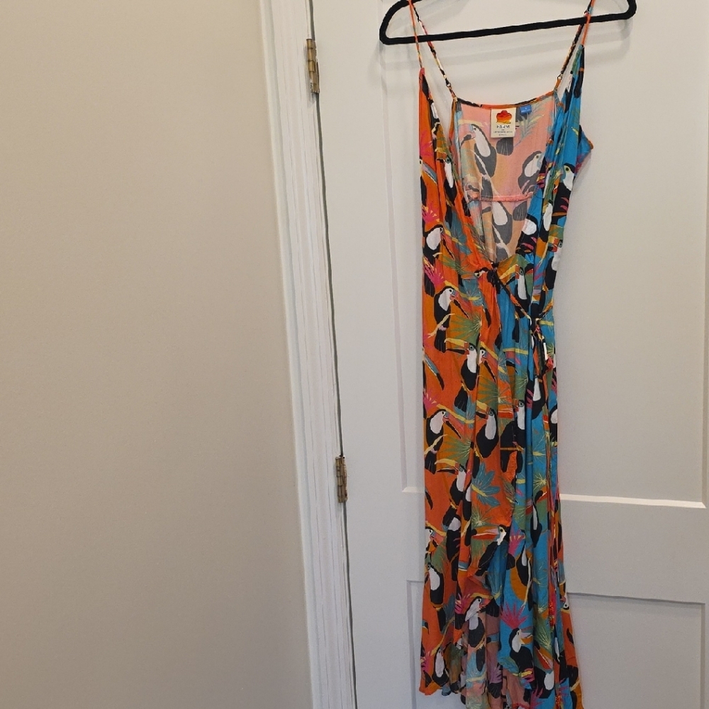 Anthropologie Multicolor Tropical Toucan Maxi Dress (Orange, Blue, Black)